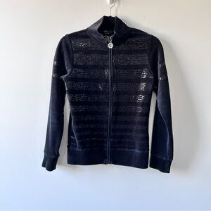 BCBG Maxazria Sweater Women's Size Small Black Velvet & Sequins Y2K Spell Out